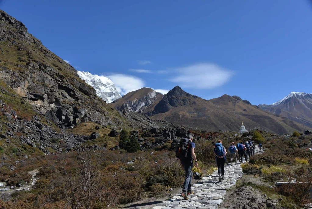 group of trekkers as seen on langtang valley trek