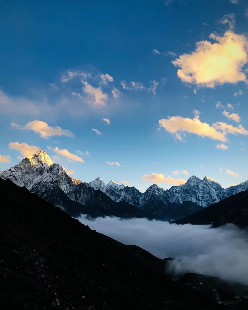 Mount Everest towering above the Himalayas, viewed from a scenic point on the Everest Circuit Trek in Nepal